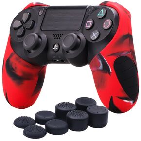 حافظة جلدية بغطاء سميك للغاية من السيليكون من YoRHa لجهاز Sony PS4/slim/Pro Dualshock 4 وحدة تحكم × 1 (أحمر مموه) مع مقابض إبهام احترافية × 8 in Kuwait