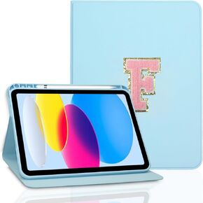 TopPerfekt for iPad 10th Generation Case 10.9 inch 2022, Initial Chenille Letter Suture, Personalized iPad 10.9 inch Case with Auto Sleep/Wake, Pencil Holder (Pink, N)