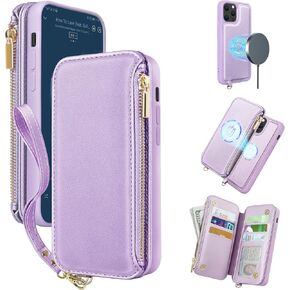 for iPhone 14 Pro Max Wallet Case,2-in-1 Zipper Case with RFID Card Protection, Magnetic Detachable,6 Card Slots Zipper Wallet,Wireless Charging Compatible Magsafe - Purple