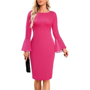 Pinup Fashion Women's Work Cocktail Business Fall Knee Length Long Sleeve Bodycon Pencil Elegant Sheath Dress