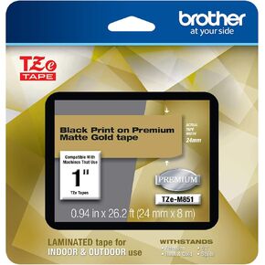 Brother P-touch TZe-M851 Black Print on Premium Matte Gold Laminated Tape 24mm (0.94") wide x 8m (26.2’) long