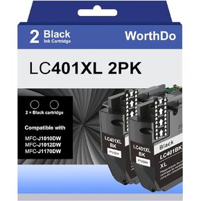 خراطيش حبر سوداء LC401XL عالية الإنتاجية متوافقة مع طابعة Brother LC401 XL باللون الأسود مع طابعة Brother MFC-J1010DW MFC-J1012DW MFC-J1170DW (عبوتان)