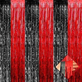 4 Pack 3.3Ft x 6.6Ft Red Foil Fringe Curtain Backdrop, Metallic Tinsel Foil Fringe Streamers Curtains Background for Photo Booth, Birthday, Wedding, Halloween, Christmas Party Decoration