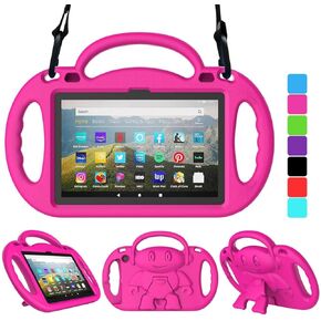 Kids Case for Fire HD 8 Plus Tablet, Fire HD 8 2022/2020 Case with Shoulder Strap, Durable Shockproof Handle Stand Protective Case for Amazon Kindle Fire HD 8 2022/2020 Tablet, Pink