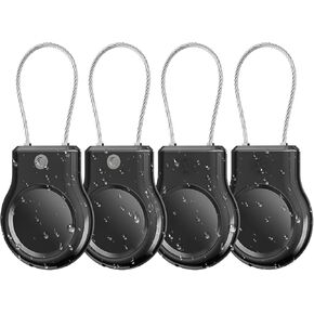 Waterproof AirTag Keychain Holder - 4 Pack Air tag Shockproof Lock Case with Wire Cable for Apple AirTags, Ultra Durable Anti-Lost Protective Case with Keyring for Luggage, Backpack, Pet (Black)