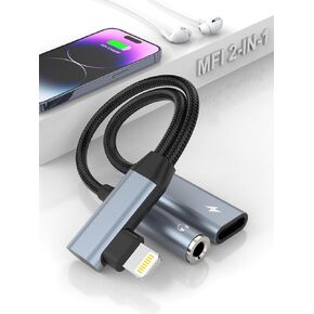 Upgraded Right Angle iPhone Headphone and Charger Adapter 2-in-1 Lightning to 3.5mm AUX Audio + Lightning Charger Splitter Dongle for iPhone 14/13/12/11 Pro Max/Pro/Plus/8/7/6 Plus-Apple MFi Certified