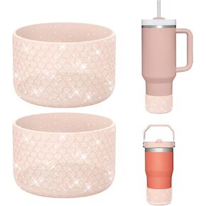 WUQID Bling Heart Texture Silicone Boot Sleeve 2 Pack Compatible with Stanle Tumbler 40oz 30oz 20oz and 12-24oz Hydroo Sport Flask Bottles, Anti-Slip Bottle Bottom Sleeve Cover for 2.8-2.95in Bottom