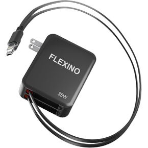 FLEXINO Retractable Wall Charger, 3-in-1 Retractable Charger Adapter with Foldable Plug, 35W Fast Charger with 2 Retractable Cords 2.6ft, Fit for iPhone 16/15/14/13/12, Galaxy, and More