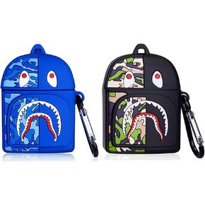 for Airpods 1 & 2 Fashion Shark Backpack Cover, Durable Shockproof Headphone Cover with Keychain Cute and Funny Cover, Cartoon Fashion Cover, 2 Pack