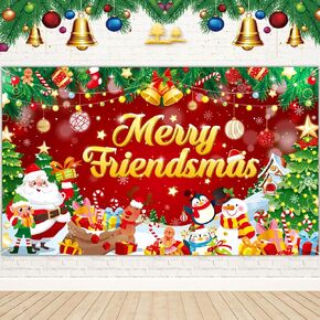 Merry Friendsmas Christmas Party Decorations，Merry Friendsmas Backdrop Banner for Home Office Christmas Friends Themed Party Background Decorations Friendsmas Decor Supplies,72.8x43.3in