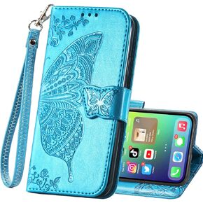 HAOTP for iPhone Xs Phone Case Wallet,Women Flip Folio Cover for iPhone X with Credit Card Holders Emboss Butterfly Flower PU Leather Purse Wrist Strap Kickstand Case for iPhone X/XS 5.8 inch Purple