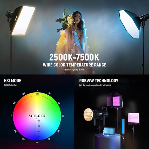 NEEWER CB100C 130w RGB LED Video Light, APP/2.4G Control 360° Full Color 2700K-6500K 27000lux/m COB Bowens Mount Silent Continuous Output Lighting TLCI/CRI97+ 17 Scenes for Video Recording Photography in Kuwait