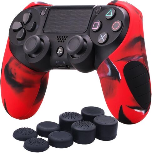 حافظة جلدية بغطاء سميك للغاية من السيليكون من YoRHa لجهاز Sony PS4/slim/Pro Dualshock 4 وحدة تحكم × 1 (أحمر مموه) مع مقابض إبهام احترافية × 8 in Kuwait