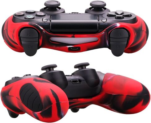 حافظة جلدية بغطاء سميك للغاية من السيليكون من YoRHa لجهاز Sony PS4/slim/Pro Dualshock 4 وحدة تحكم × 1 (أحمر مموه) مع مقابض إبهام احترافية × 8 in Kuwait