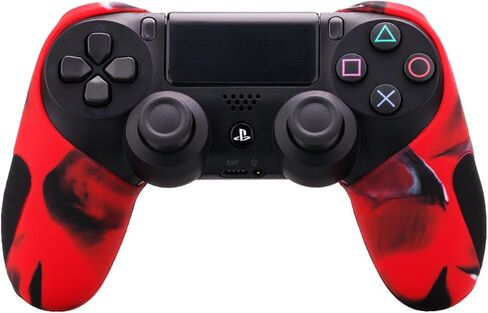 حافظة جلدية بغطاء سميك للغاية من السيليكون من YoRHa لجهاز Sony PS4/slim/Pro Dualshock 4 وحدة تحكم × 1 (أحمر مموه) مع مقابض إبهام احترافية × 8 in Kuwait
