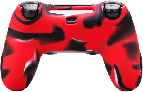 حافظة جلدية بغطاء سميك للغاية من السيليكون من YoRHa لجهاز Sony PS4/slim/Pro Dualshock 4 وحدة تحكم × 1 (أحمر مموه) مع مقابض إبهام احترافية × 8 in Kuwait