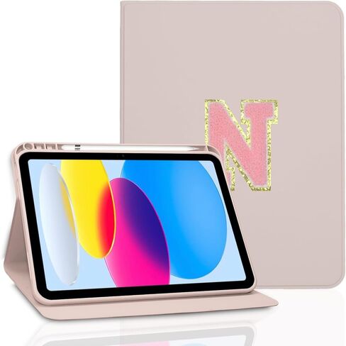 حافظة TopPerfekt لجهاز iPad الجيل العاشر 10.9 بوصة 2022، خياطة حروف شانيل أولية، حافظة iPad 10.9 بوصة مخصصة مع خاصية النوم/الاستيقاظ التلقائي، حامل أقلام (وردي، N) in Kuwait
