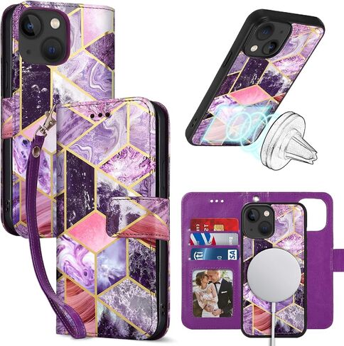 CASEOWL Compatible for iPhone 14 Plus Case Wallet [Support Magsafe Charger] 2 in 1 Magnetic Detachable [RFID Blocking] Flip Leather Wallet Case with Card Holder, Strap for Women, Marble Purple in Saudi Arabia