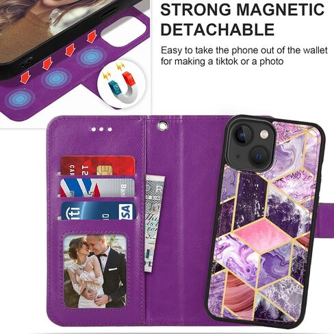 CASEOWL Compatible for iPhone 14 Plus Case Wallet [Support Magsafe Charger] 2 in 1 Magnetic Detachable [RFID Blocking] Flip Leather Wallet Case with Card Holder, Strap for Women, Marble Purple in Saudi Arabia