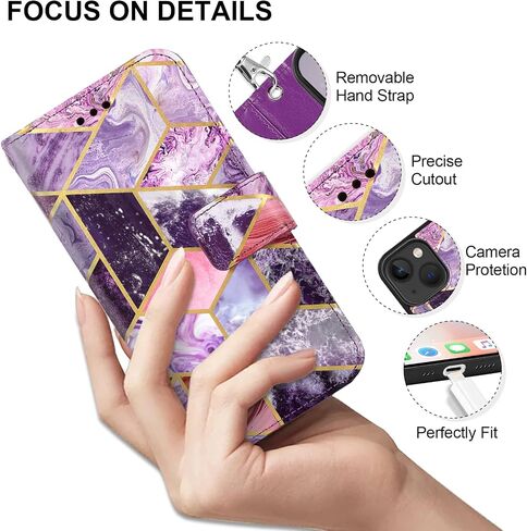 CASEOWL Compatible for iPhone 14 Plus Case Wallet [Support Magsafe Charger] 2 in 1 Magnetic Detachable [RFID Blocking] Flip Leather Wallet Case with Card Holder, Strap for Women, Marble Purple in Saudi Arabia