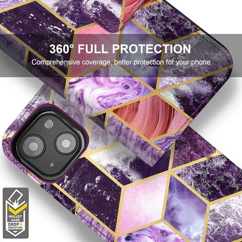 CASEOWL Compatible for iPhone 14 Plus Case Wallet [Support Magsafe Charger] 2 in 1 Magnetic Detachable [RFID Blocking] Flip Leather Wallet Case with Card Holder, Strap for Women, Marble Purple in Saudi Arabia
