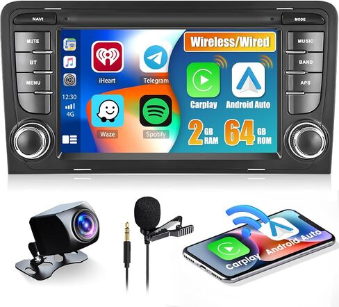 ستيريو سيارة لأودي A3 S3 RS3 2003-2012 Carplay Android Auto، شاشة لمس 7 بوصة راديو سيارة 2+64 جيجابايت Android 13 مع نظام تحديد المواقع Navi WiFi بلوتوث FM/RDS راديو EQ SWC كاميرا احتياطية وميكروفون in Saudi Arabia
