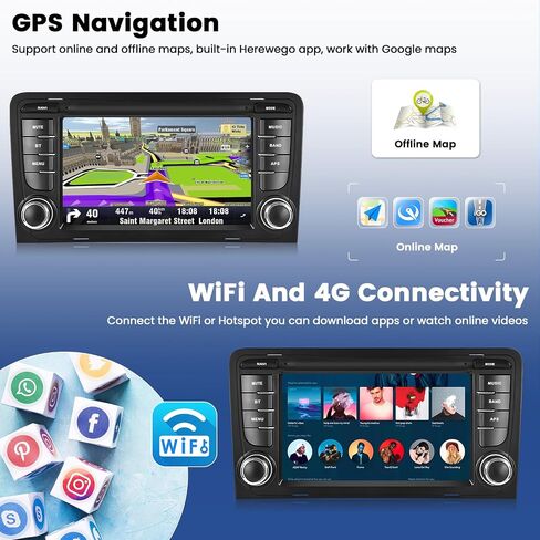 ستيريو سيارة لأودي A3 S3 RS3 2003-2012 Carplay Android Auto، شاشة لمس 7 بوصة راديو سيارة 2+64 جيجابايت Android 13 مع نظام تحديد المواقع Navi WiFi بلوتوث FM/RDS راديو EQ SWC كاميرا احتياطية وميكروفون in Saudi Arabia