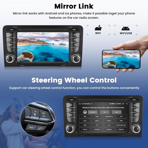ستيريو سيارة لأودي A3 S3 RS3 2003-2012 Carplay Android Auto، شاشة لمس 7 بوصة راديو سيارة 2+64 جيجابايت Android 13 مع نظام تحديد المواقع Navi WiFi بلوتوث FM/RDS راديو EQ SWC كاميرا احتياطية وميكروفون in Saudi Arabia