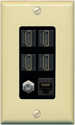RiteAV - 4 Port HDMI 1 Coax Cable TV- F-Type 1 Cat6 Ethernet White Wall Plate Decorative in Kuwait