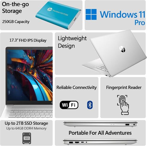HP 2024 New 17 inch Laptop, AMD Ryzen 5 5500U 6 Cores Processor(Beat i7-1250U), 17" FHD (1080p) IPS Display, 64GB RAM, 1TB SSD, Fingerprint Reader, Windows 11 Pro, Include 250GB Portable SSD in Saudi Arabia