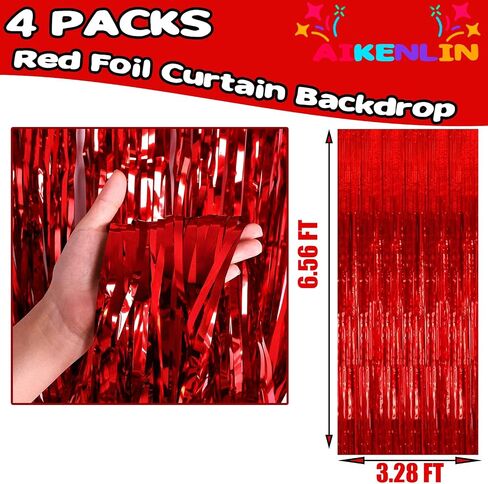 4 Pack 3.3Ft x 6.6Ft Red Foil Fringe Curtain Backdrop, Metallic Tinsel Foil Fringe Streamers Curtains Background for Photo Booth, Birthday, Wedding, Halloween, Christmas Party Decoration in Saudi Arabia
