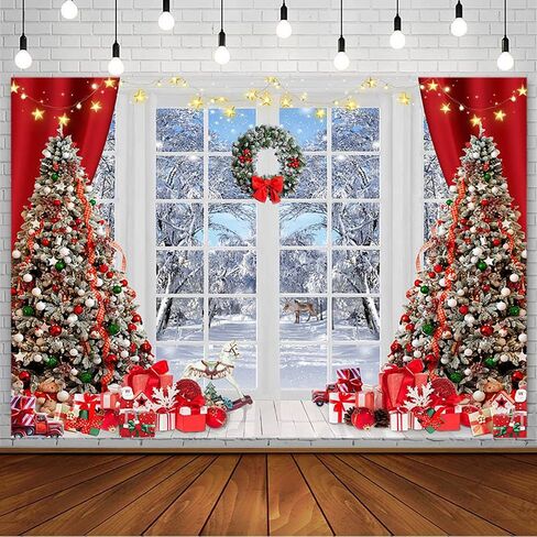 7x5ft Winter Christmas Backdrop Snow Scene Window Background for Photography Xmas Tree Gift Merry Christmas Wonderland Banner Family Adults Kids Portrait Holiday Decorations Photo Booth Props in Kuwait
