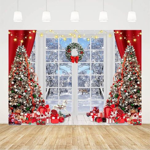 7x5ft Winter Christmas Backdrop Snow Scene Window Background for Photography Xmas Tree Gift Merry Christmas Wonderland Banner Family Adults Kids Portrait Holiday Decorations Photo Booth Props in Kuwait