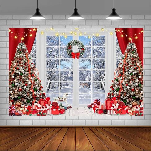 7x5ft Winter Christmas Backdrop Snow Scene Window Background for Photography Xmas Tree Gift Merry Christmas Wonderland Banner Family Adults Kids Portrait Holiday Decorations Photo Booth Props in Kuwait