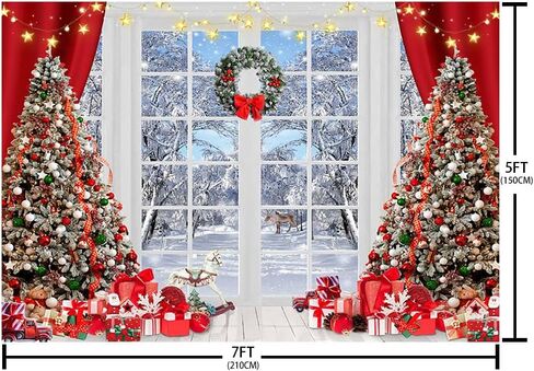 7x5ft Winter Christmas Backdrop Snow Scene Window Background for Photography Xmas Tree Gift Merry Christmas Wonderland Banner Family Adults Kids Portrait Holiday Decorations Photo Booth Props in Kuwait