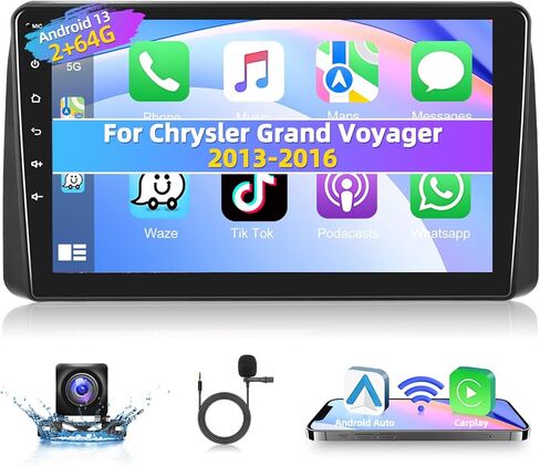 Podofo [2+64G] Car Stereo Radio for Chrysler Grand Voyager 2013-2016 with Wireless CarPlay & Android Auto 9 Inch Touch Screen Bluetooth Audio with GPS Navigation Mirror Link WiFi RDS AHD Backup Camera in Saudi Arabia
