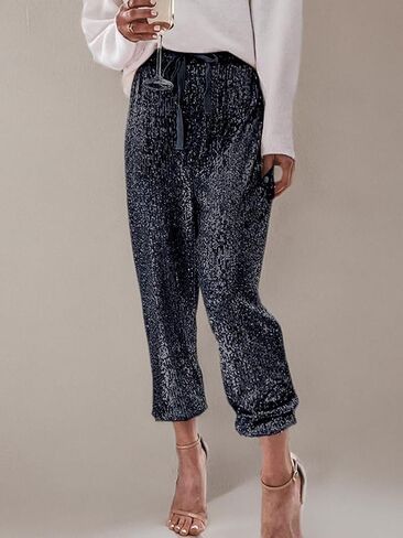 ALLUMK Womens Black Sequin Bling Legging Joggers Pencil Pants with Drawstring in Kuwait