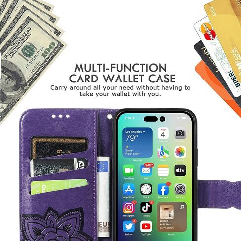 HAOTP for iPhone Xs Phone Case Wallet,Women Flip Folio Cover for iPhone X with Credit Card Holders Emboss Butterfly Flower PU Leather Purse Wrist Strap Kickstand Case for iPhone X/XS 5.8 inch Purple in Saudi Arabia
