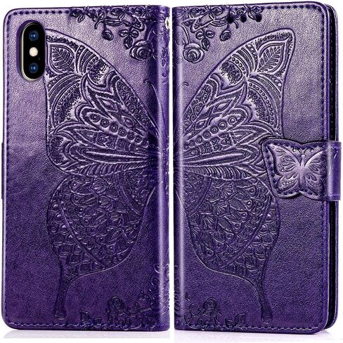HAOTP for iPhone Xs Phone Case Wallet,Women Flip Folio Cover for iPhone X with Credit Card Holders Emboss Butterfly Flower PU Leather Purse Wrist Strap Kickstand Case for iPhone X/XS 5.8 inch Purple in Saudi Arabia