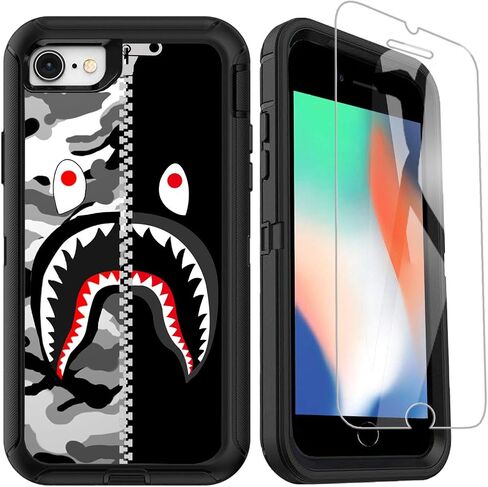 OTTARTAKS Compatible for iPhone SE 2022/2020/3rd/2nd//8/7/6s/6 Case with Screen Protector Street Fashion Heavy Duty Camo Phone Case for Boys Men, Shockproof 3-Layer Protective Case, Black Grey Shark in Kuwait