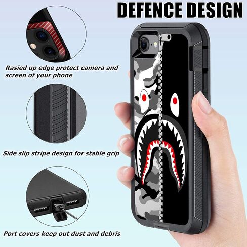 OTTARTAKS Compatible for iPhone SE 2022/2020/3rd/2nd//8/7/6s/6 Case with Screen Protector Street Fashion Heavy Duty Camo Phone Case for Boys Men, Shockproof 3-Layer Protective Case, Black Grey Shark in Kuwait