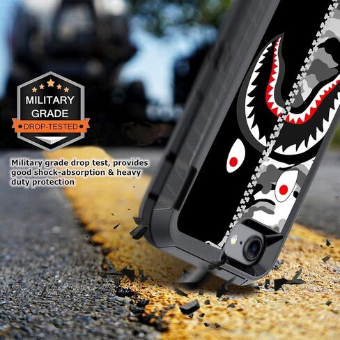 OTTARTAKS Compatible for iPhone SE 2022/2020/3rd/2nd//8/7/6s/6 Case with Screen Protector Street Fashion Heavy Duty Camo Phone Case for Boys Men, Shockproof 3-Layer Protective Case, Black Grey Shark in Kuwait
