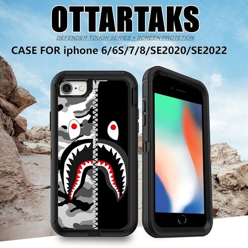 OTTARTAKS Compatible for iPhone SE 2022/2020/3rd/2nd//8/7/6s/6 Case with Screen Protector Street Fashion Heavy Duty Camo Phone Case for Boys Men, Shockproof 3-Layer Protective Case, Black Grey Shark in Kuwait
