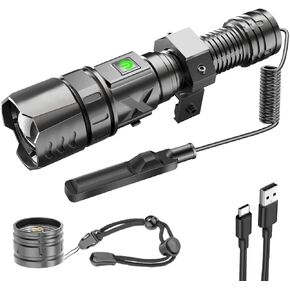 10000 Lumens XHP70 Tactical Flashlight with Picatinny Rail Mount and Pressure Switch, 5 Modes Picatinny Flashlight, USB Rechargeable Rifle Light for Outdoor Adventures