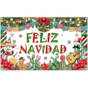 Fabric 72x43inch Feliz Navidad Christmas Backdrop Mexican Winter Snowman Photography Background Xmas Holiday Party Decoration Photo Booth Banner