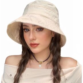 Bucket Hats for Women Washed Cotton Packable Summer Beach Sun Hats Mens Womens Bucket Hat for Travel Fishing Hat Beach Hat Beige
