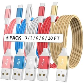 USB C Charger Cable, 5Pack 3/3/6/6/10FT USB A to USB C Cable Braided Type C Charger Cable Fast Charging for iPhone 15 Pro Max Samsung S23 S22 A13 A12 and Other USB C Charger