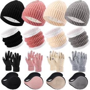 Suhine 16 Pcs Winter Beanie Hat Scarf Gloves Set Women Winter Knitted Hat Circle Scarves Touchscreen Gloves Earmuffs