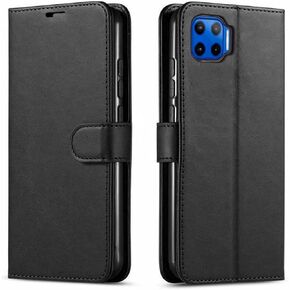 Motorola One 5G UW Phone Case, with [Tempered Glass Screen Protector Included] STARSHOP PU Leather Wallet Shockproof Phone Case Kickstand W/Pocket Card Slots Magnet Closure - Black