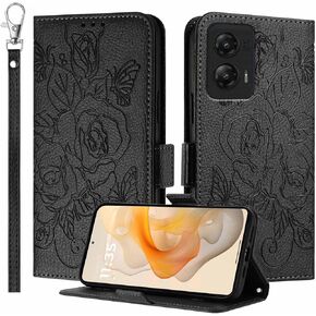 JanCalm for Moto G Stylus 5G 2024 Case Wallet,[RFID Blocking][Card Cash Slots][Wrist Strap] Floral Butterfly Pattern Leather Protective Stand Flip Cases Cover for Moto G Stylus 5G 2024 (Red)